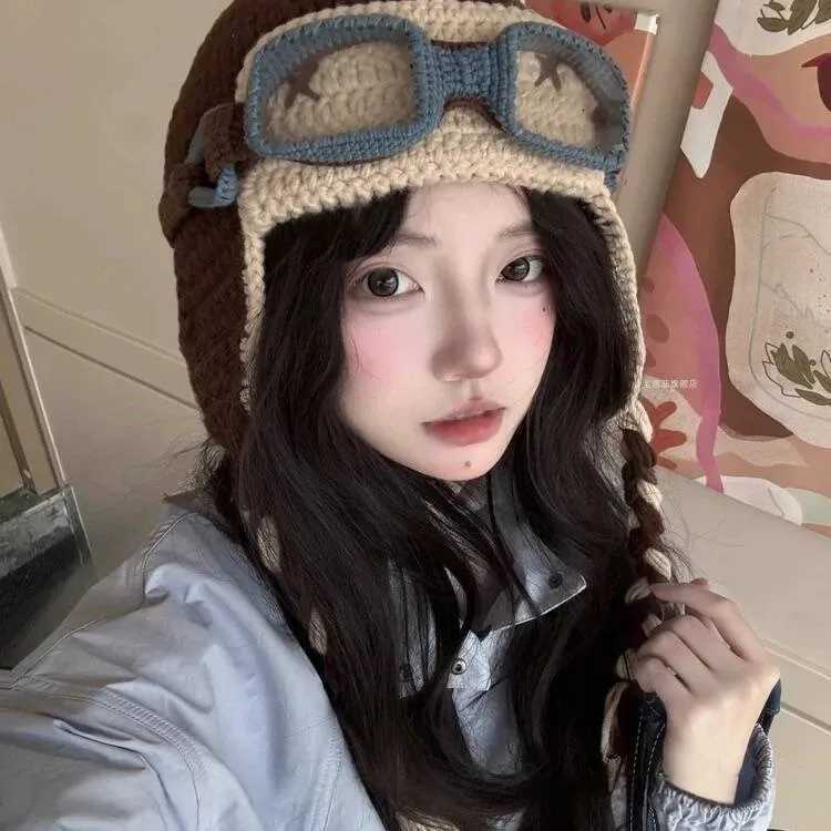 Trapper Hats Handmade Cute Pilot Yarn Hat with Warm Autumn and Winter Straps Ear Protection Hat Flying Glasses Lei Feng HatT261017