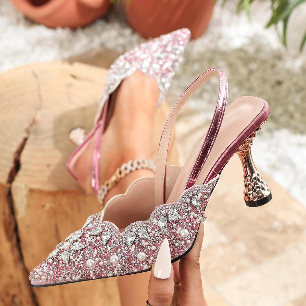 Summer Rhinestone Half Closed-Toe Sandals Slippers for Women Outdoor Wear Irregular Pointed Toe Square Thin High Heel ddmykukumalu