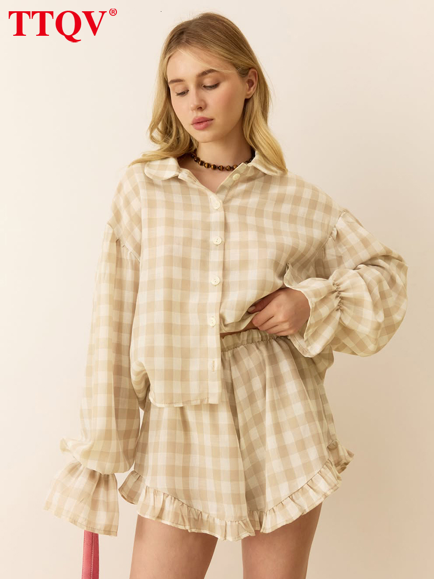 2026 Fashion Loose Khaki Cotton Women's 2-Piece Sets 2027 Casual Long Sleeve Shirt With High Waist Shorts Set Female Clothing