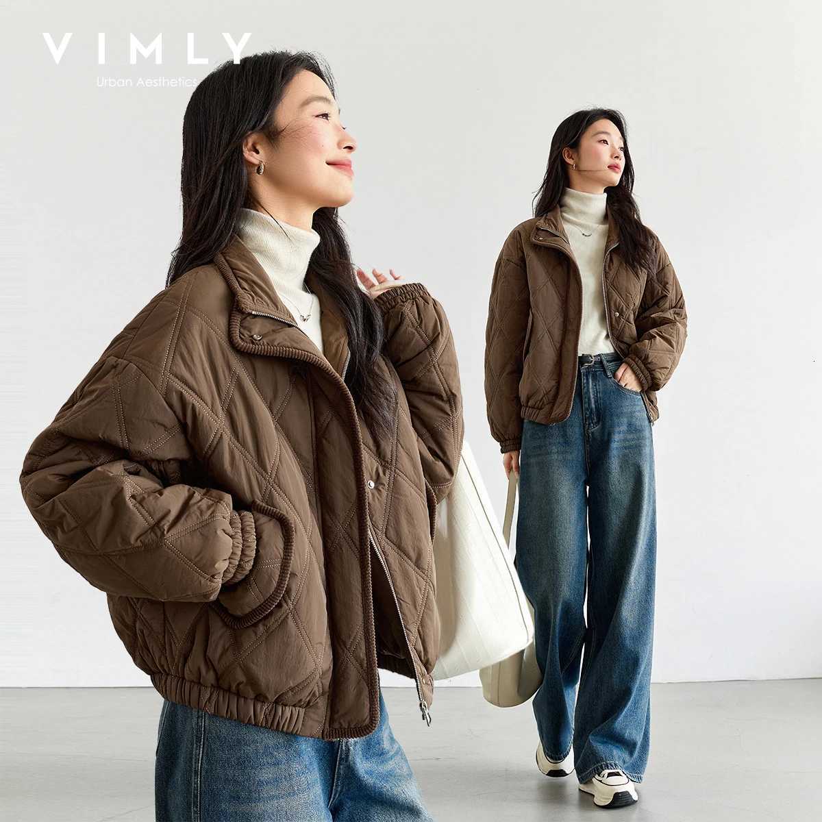 Women's Down Parkas VIMLY Women's Winter Quilted Padded Jacket 2026 Vintage Long Sleeve Stand Neck Ladies Parkas Short Warm Cotton Female