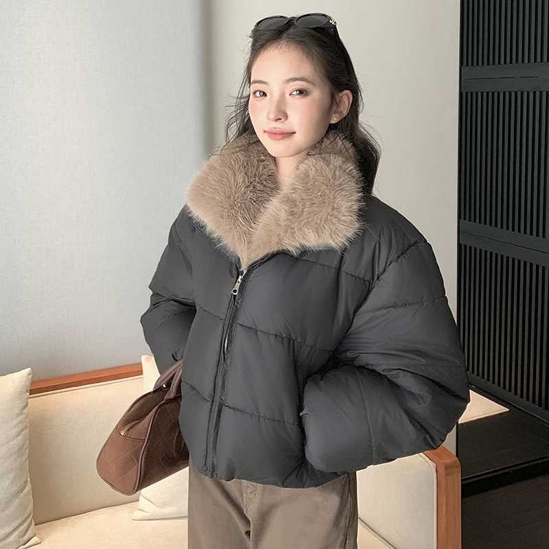 Women's Down Parkas Korean Women's Short Puffer Jacket with Large Fur Collar Women Loose Thick Padded Cotton Coats Female Solid Casual Zip
