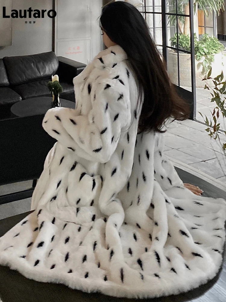 Lautaro Winter Long Thick Warm Fluffy Colorful Black and White Jacquard Faux Fur Coat Women Lapel Loose European Fashion 261016