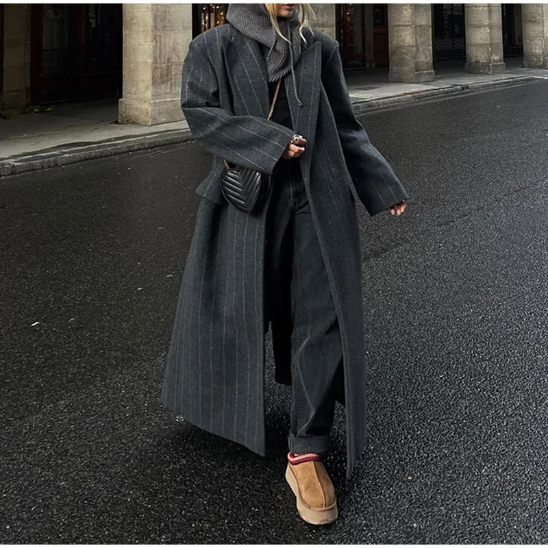 Blends Long Sleeve Women Striped Wool Jackets Cardigan Turn Down Collar Coat Pockets Casual Outerwear Loose Autumn Spliced 261016