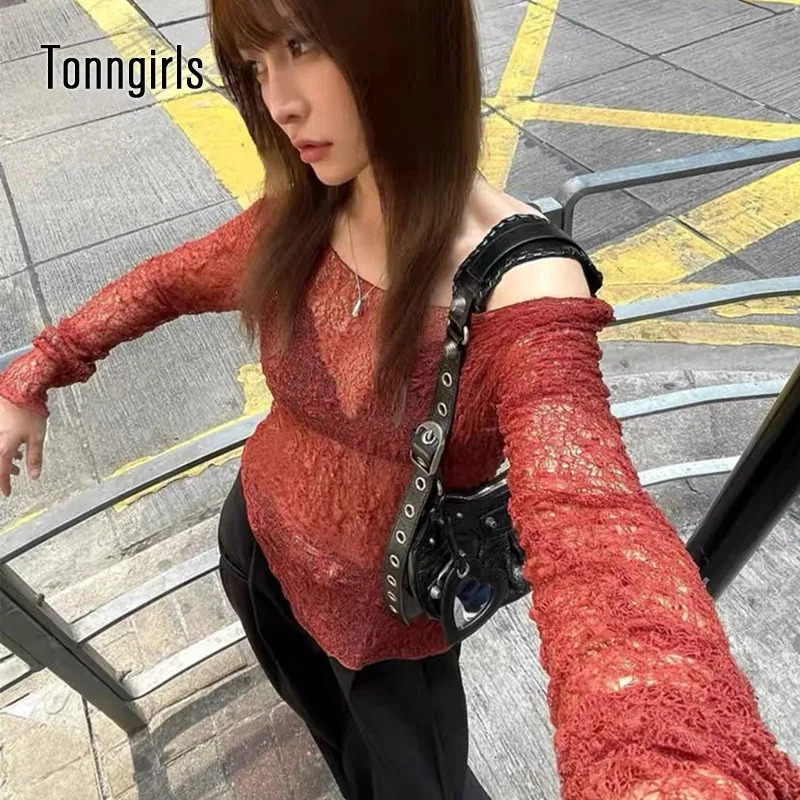 Tonngirls Sexy Lace Tshirts Women Long Sleeve See Through Irregual Vintage Tops Streetwear Fairycore Splits Y2k Tee Tops 2000s 261014