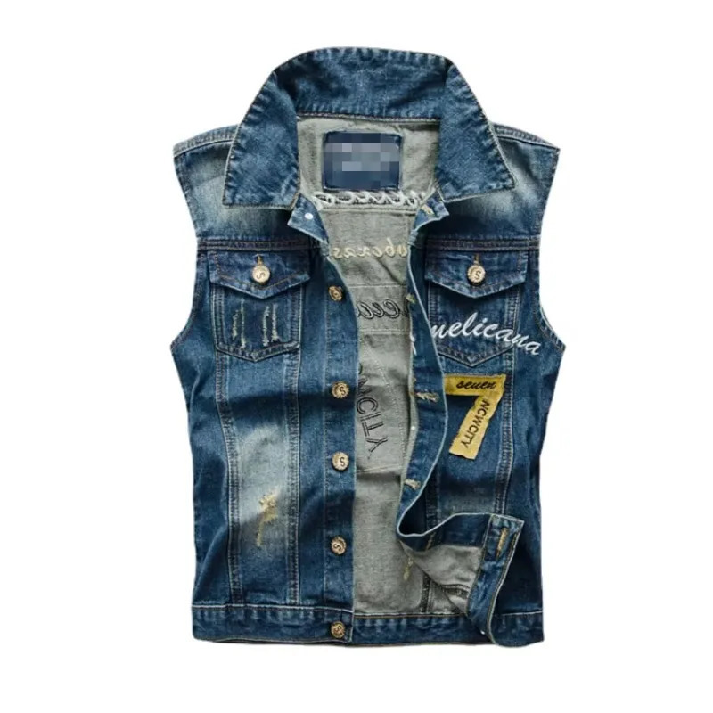Men Slim Denim Vests Waistcoats Jackets Fashion Male Blue Fit Denim Coats Vests Large Size Punk Style Holes Jeans Vest Size 6XL 261015