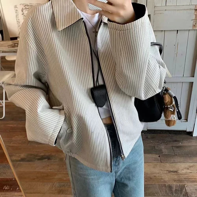 Casual Turndown Collar Reversible Jacket Women Autumn Simple Striped Long Sleeve Outerwear Female Loose Daily Wear Zipper Jacket 261016