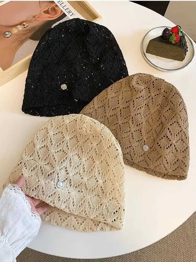 Beanie/Skull Caps Retro Hollow-Out Knitted Beanie for Women Thin Spring-Summer Large Sizes Artistic Slouchy Hat Stylish Casual AccessoryT261017