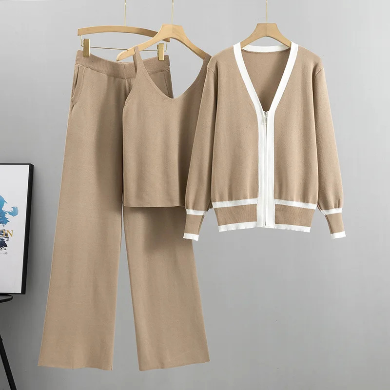 Three Piece Pants Set For Women V Neck Cami Top Cardigan And Wide Leg Trousers Loose Fit Casual Autumn Winter Suit 261016