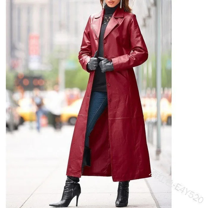 2026 Vintage Long PU Leather Jacket Women Chic Lapel Sleeve Single Breasted Loose Streetwear Coat 261013
