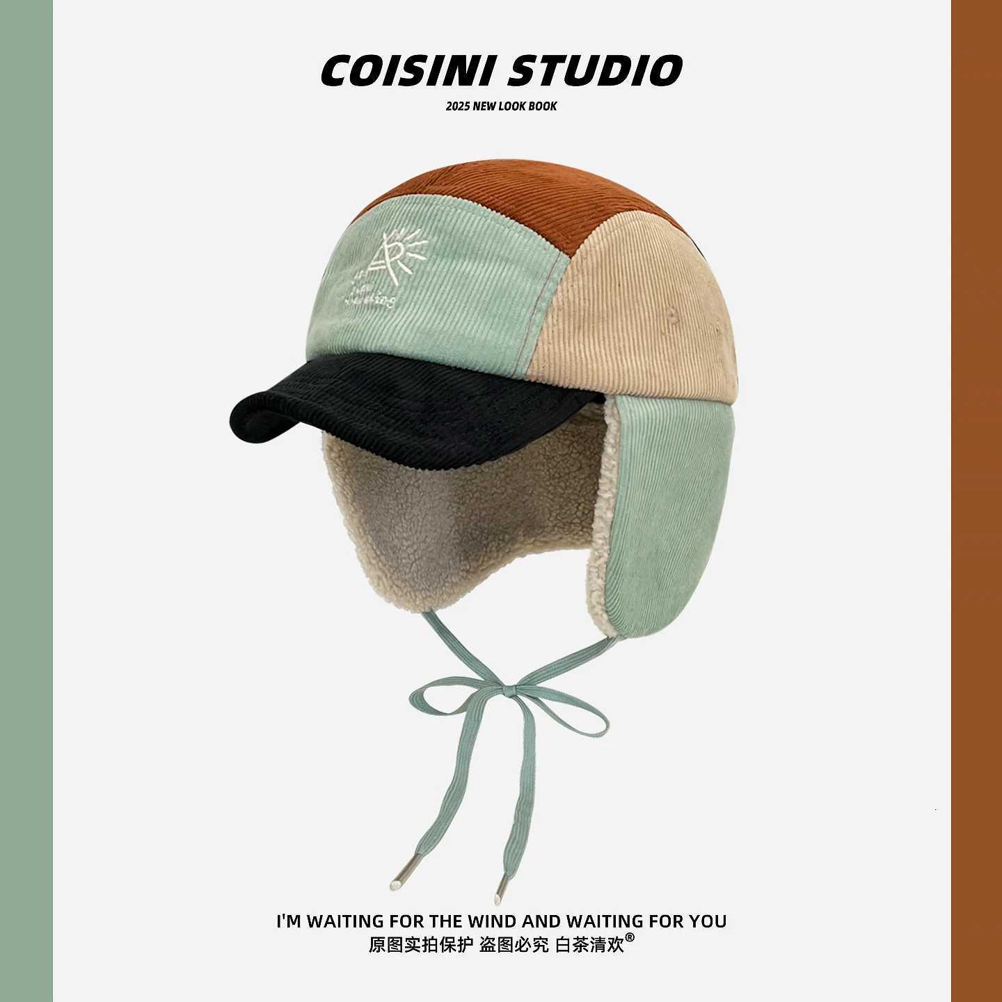 Trapper Hats 2025 New Corduroy Bomber Cap Color-blocked Fleece-lined Warm Ear Protection Lei Feng Hat Winter Cycling Skiing Cold Flying CapT261017