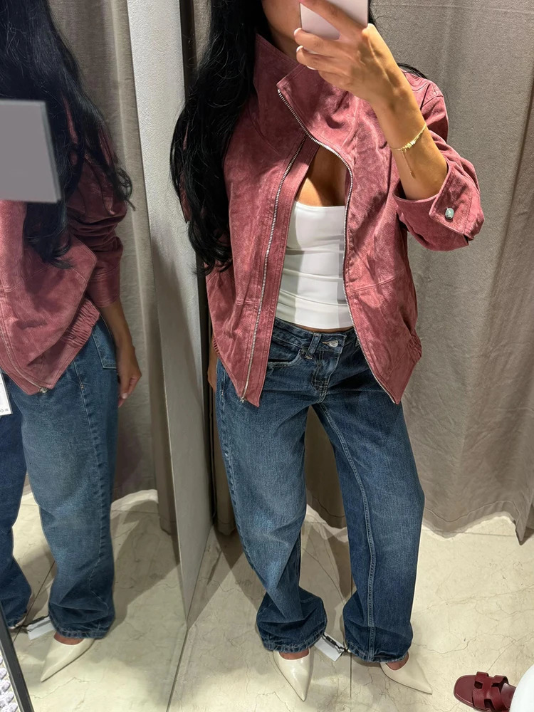 Suede Stand Collar Cropped Jacket Ribbed Hem 2026 Autumn Women Retro Daily Fashion Outerwear Chic Street Trendy Ladies Coat 261015