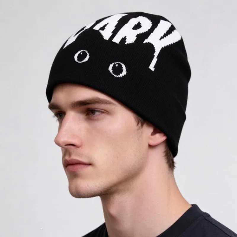 Beanie/Skull Caps Y2K Gothic DARK Letter Cat Eyes Knitted Beanie Winter Stretchy Skull Cap Punk Streetwear Warm Hat for Men Daily Party AccessoryT26