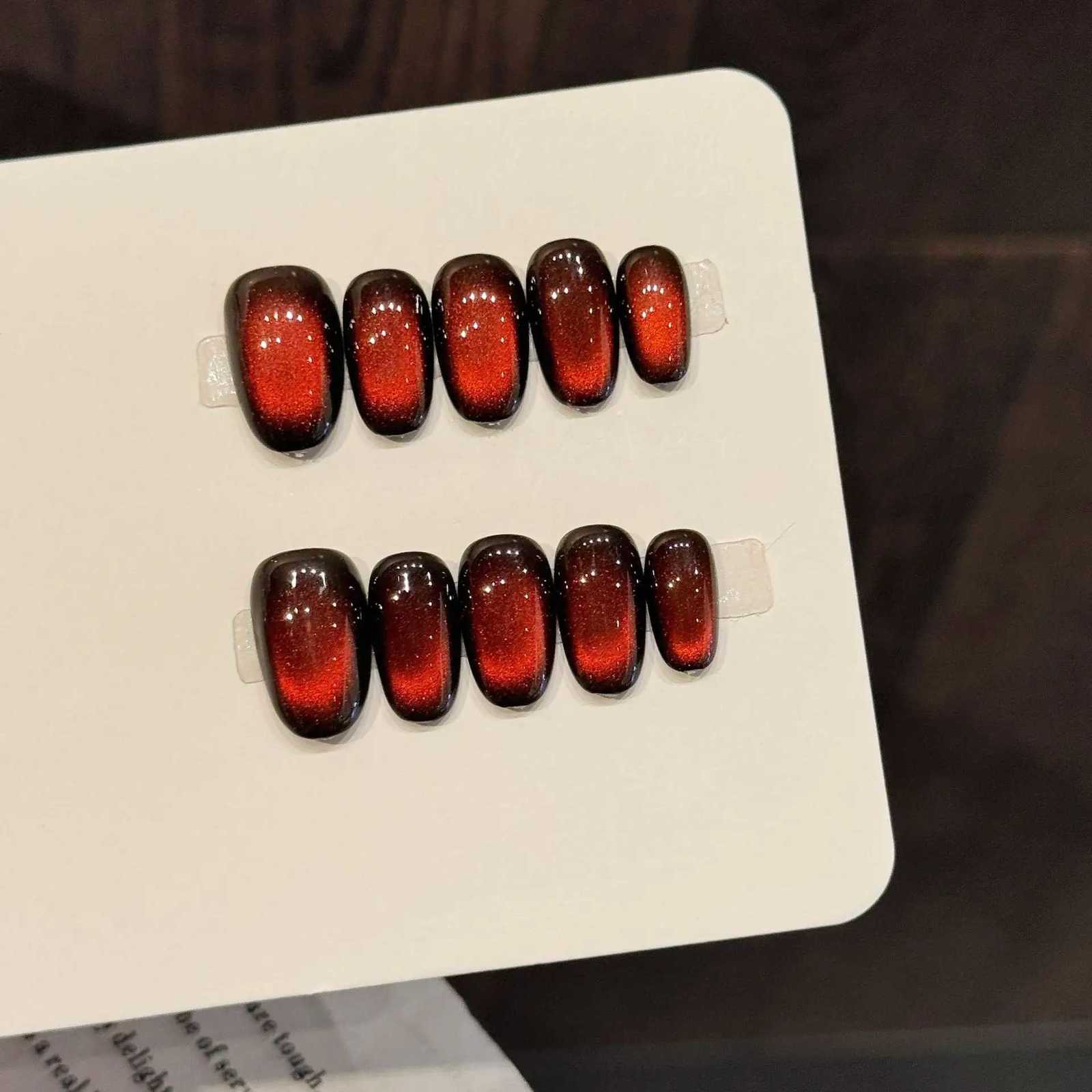 False Nails Handmade Light Luxury Press on Nails Glitter Red Velvet Cat's Eye Fake Nails Decor Wearable Flash False Nails Tip for Women Girl Q2