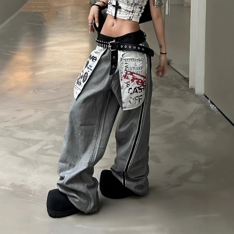 Designer High Quality Oversized Unisex Women's High Waist Wide Leg Curved Jeans Patchwork Vintage Pocket Print Loose Hip Hop Streetwear Denim P