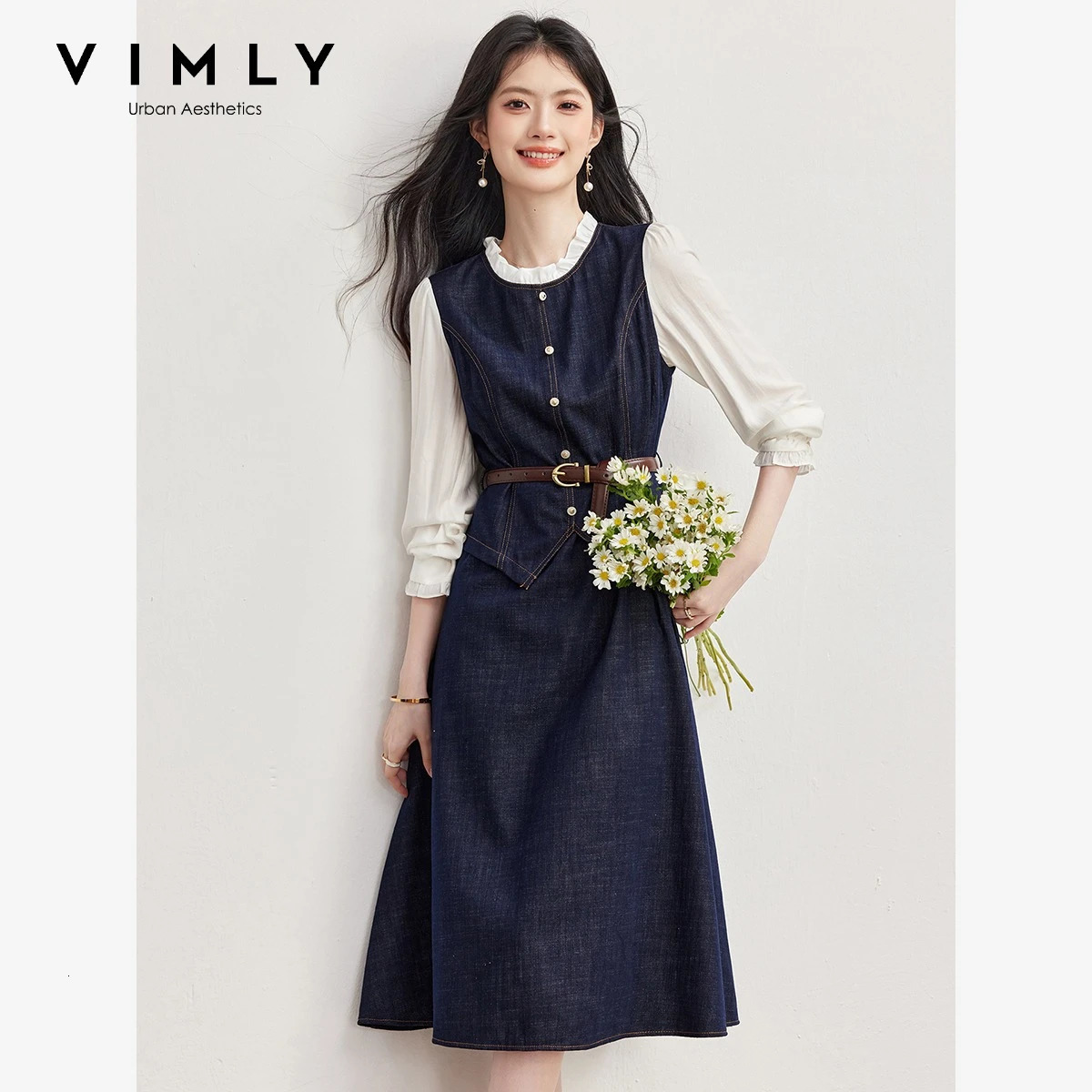 VIMLY Women's Long Dress Twotone Ruffled Stand Collar Denim Dresses 2026 Fall Vintage Elegant Midi Female A7225 261015