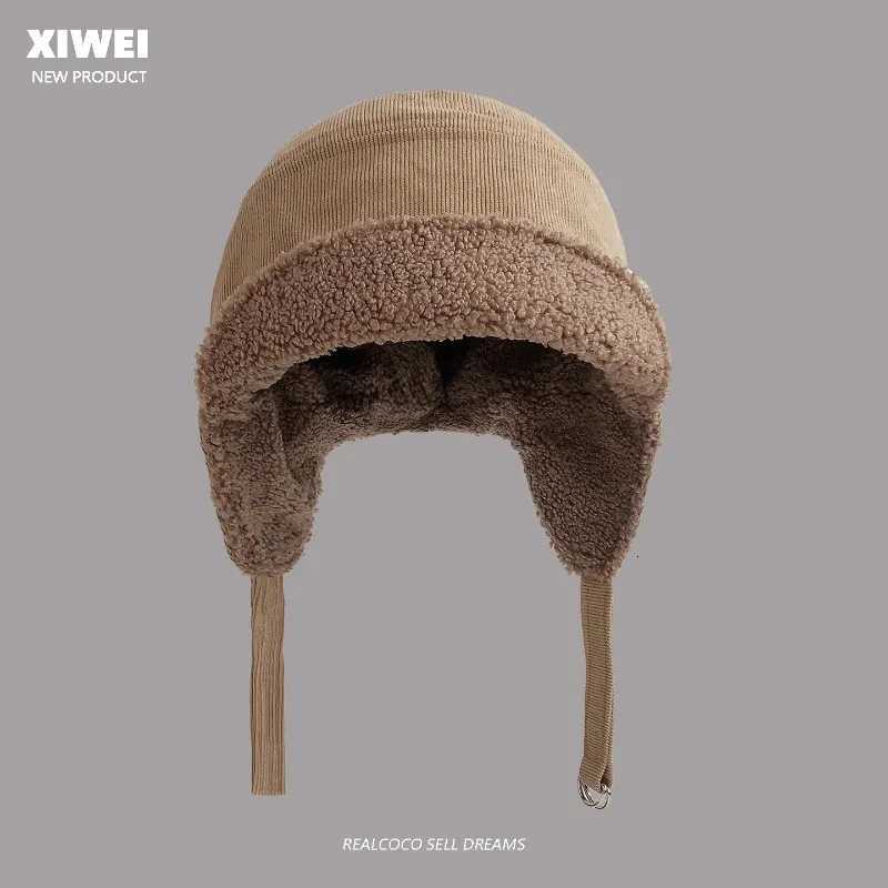 Trapper Hats Korean Retro Corduroy Strap Bomber Hats Women Autumn and Winter Outdoor Riding Warm Ear Protection Versatile Velvet Pilot CapT261017