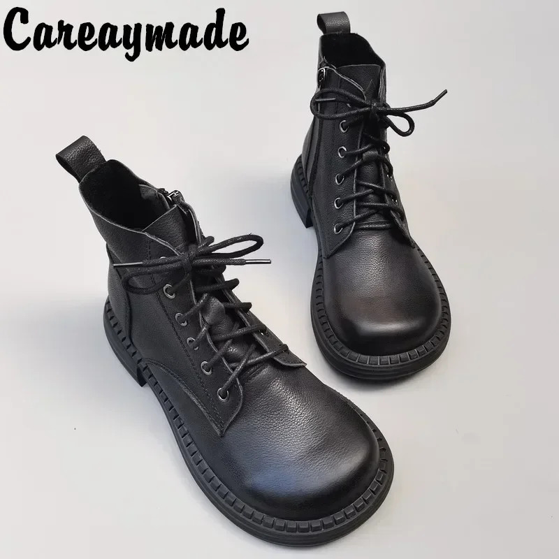 Careaymade-100% Genuine Leather Wide Version Casual Women Big Size Short Boots Men's Pure Handmade Single Boots Warm Wool Boots 261017