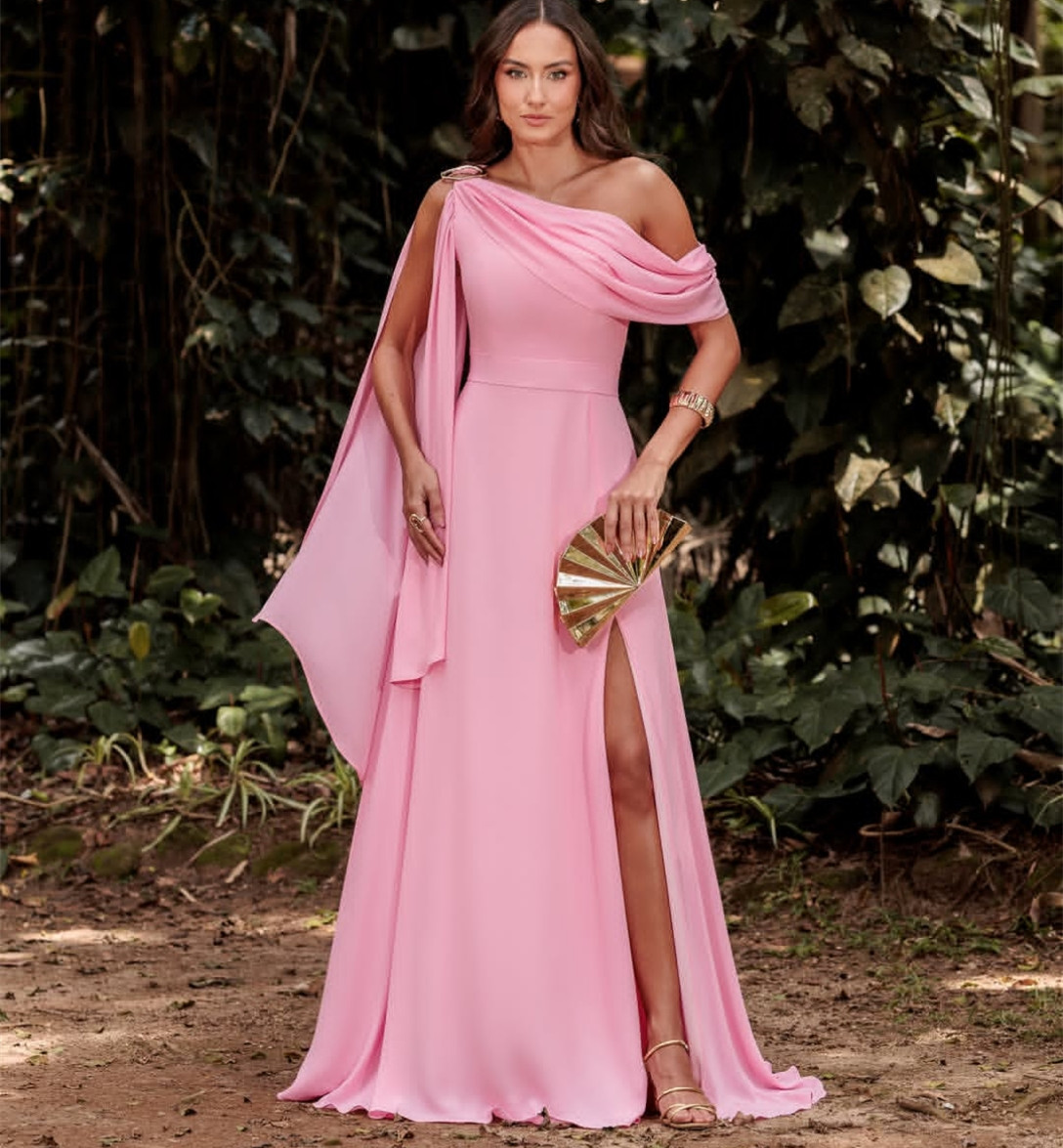 Elegant Long Pink Chiffon Mother of the Bride Dresses With Slit A-Line One Shoulder Floor Length Godmother Dresses Formal Party Gown for Women