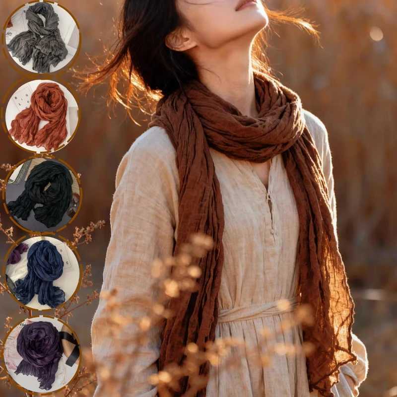 Solid Color Pleated Long Scarves Retro Autumn Winter Cotton Hemp Scarf Warm Neck Wrinkled Twisted Vintage Soft Wrap Shawl S2610177ZCI