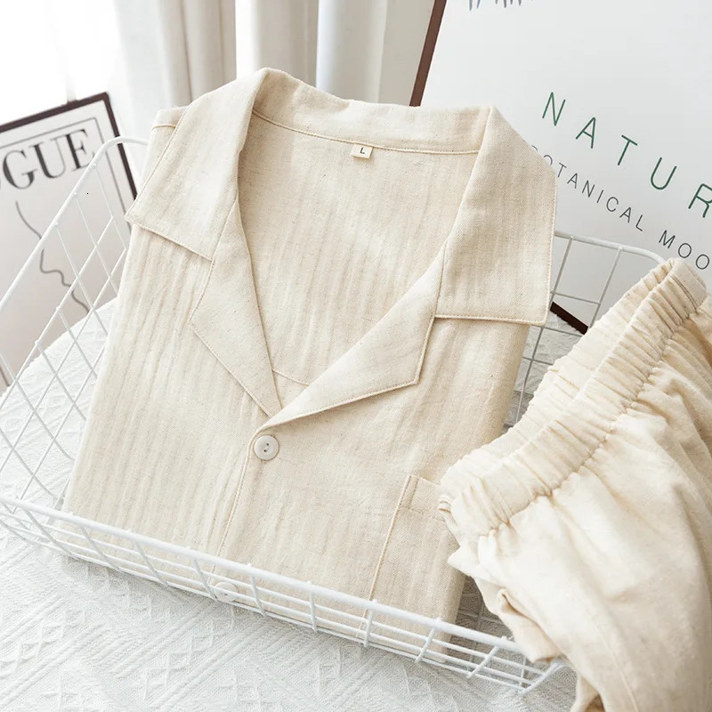 Mens 100% Cotton Gauze Pajama Set | Soft Breathable Muslin Sleepwear Autumn Long Sleeve Button Down Loungewear Homewear PJs 261017