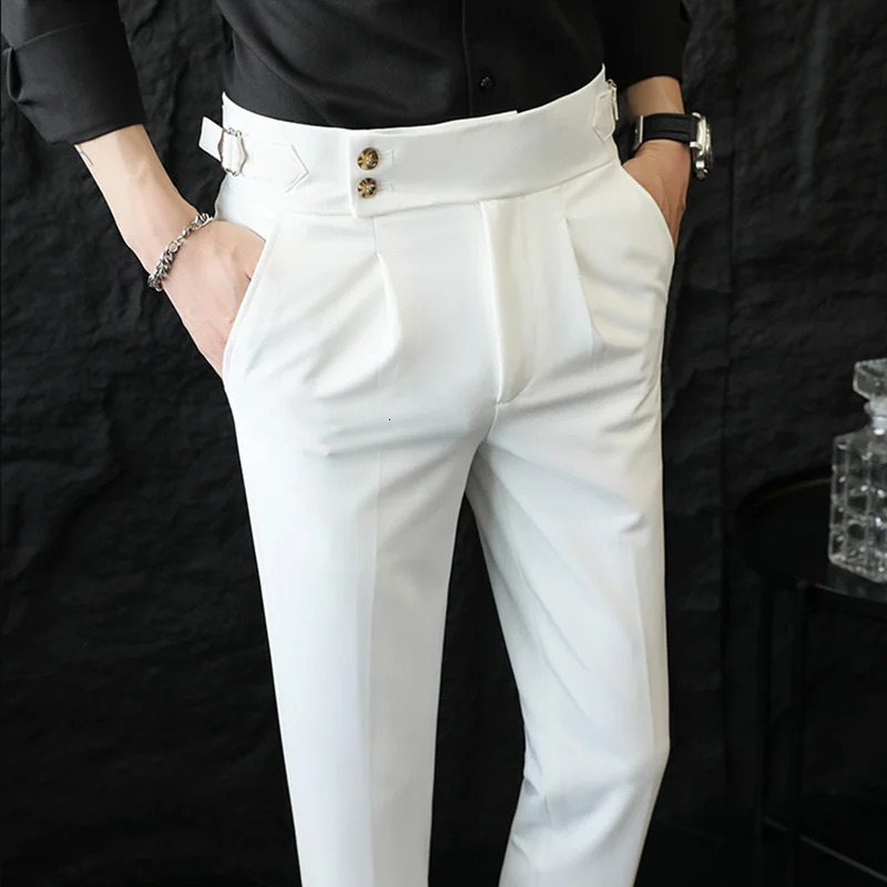 High Quality Italian Style Highwaisted Suit Pants Fashion Neapolitan Mens Slim Fit Business Office Social Wedding Trousers 261016