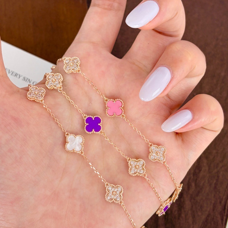 Designer Jewelry vanly Champagne gold mini four-leaf clover bracelet with natural white mother-of-pearl, red agate, full diamond embellishments wome