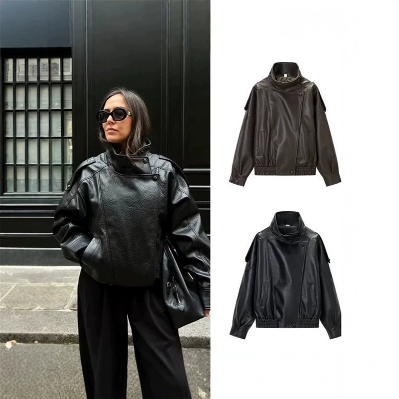 Women's Leather Jacket in Black Pebble Faux Style Sporty Casual PU Faux Leather Jacket with A Trendy Street Motorcycle Vibe 261016