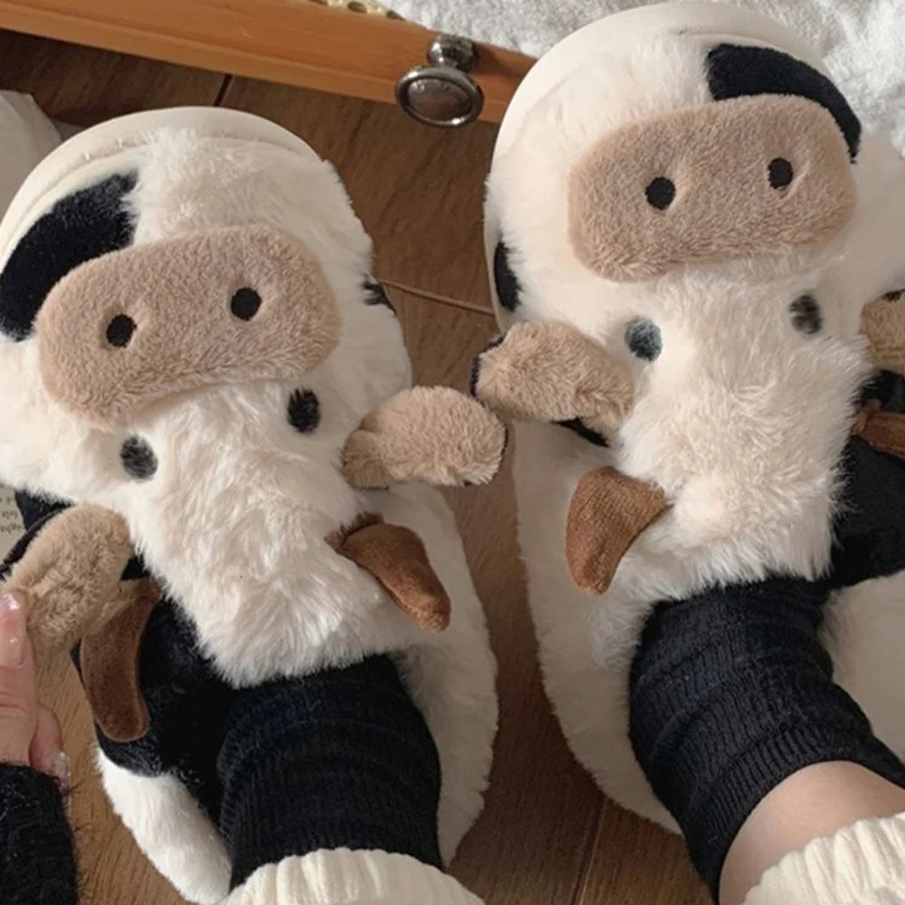 winter neutral cartoon cow warm plush slippers for couples indoor anti slip home slippers for men and women home cotton sh 261017
