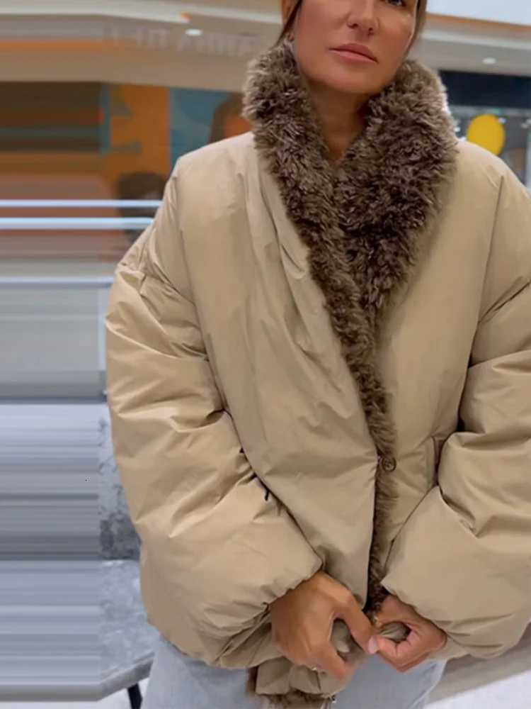 Women's Down Parkas Faux Fur Big Wrap Collar Paneled Puffer Jacket Open Front 2026 Winter Women Padded Coat Warm Casual Lady Cotton-Padded Oute