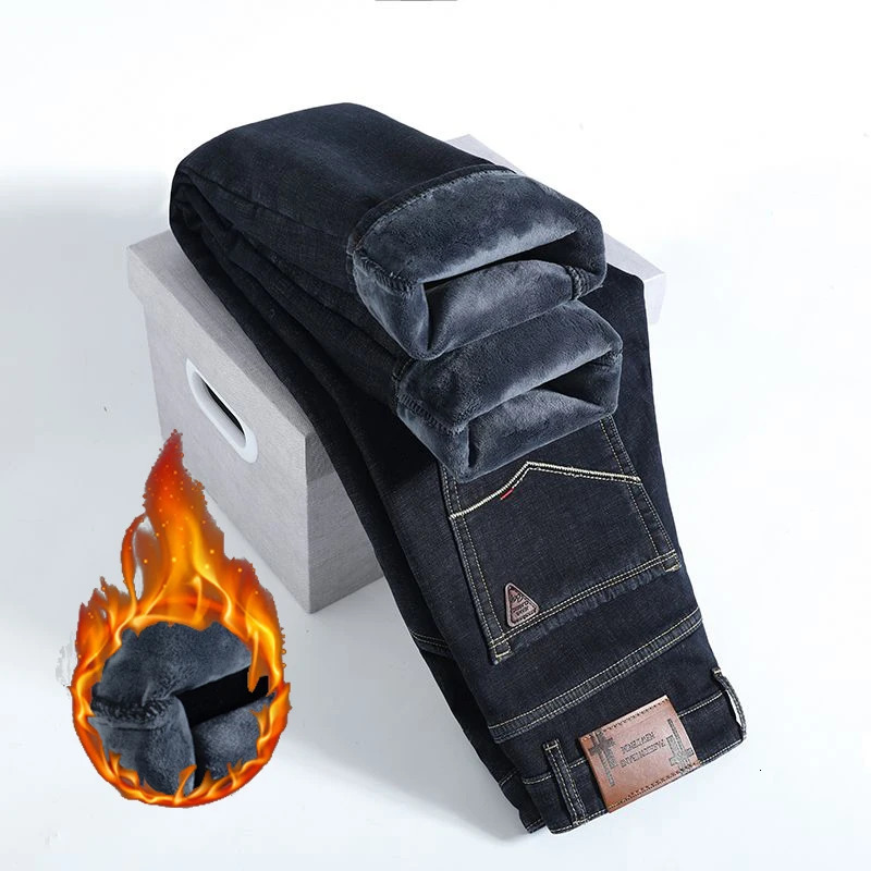 2026 Men Stylish Business Casual Fleece Jeans Male Classic Thickened Warm Windproof Denim Trousers Daily Loose Straight Pants 261016