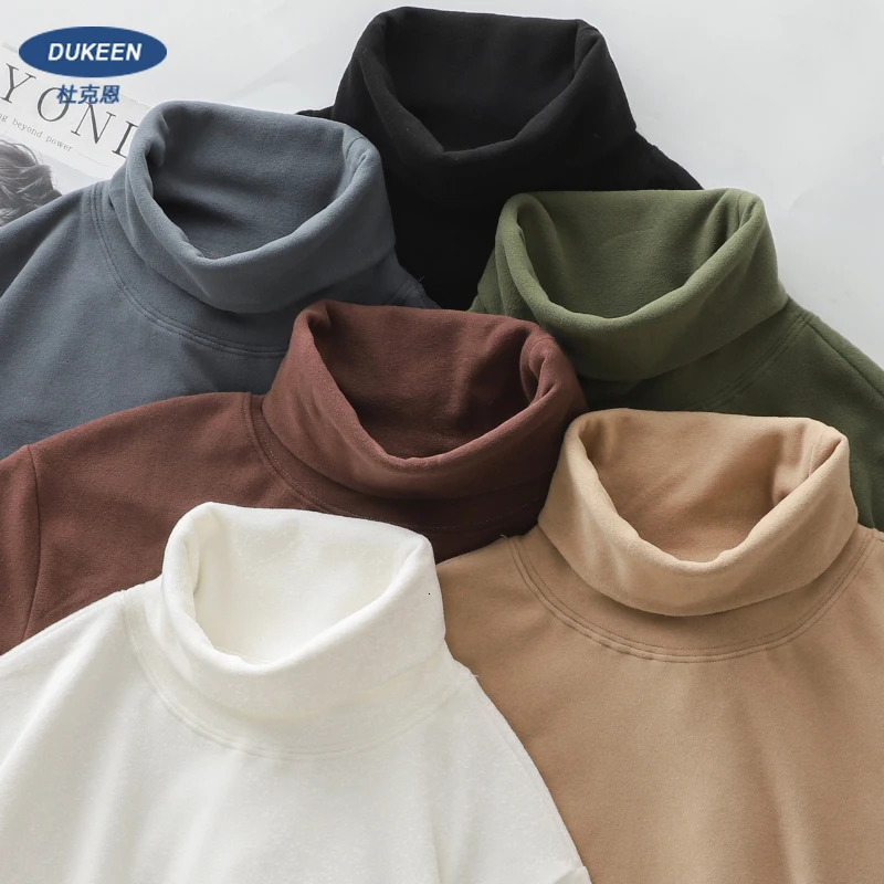 DUKEEN Dralon Fabric Long Sleeve T Shirts for Men Autumn and Winter Thick Fleece Warm Turtlenneck Solid Color Undershirts 261016