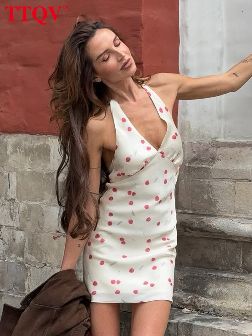 Sexy Slim Print Women's 2026 Summer Halter Sleeveless Mini Dresses Elegant Classic Backless Female Dress Streetwear