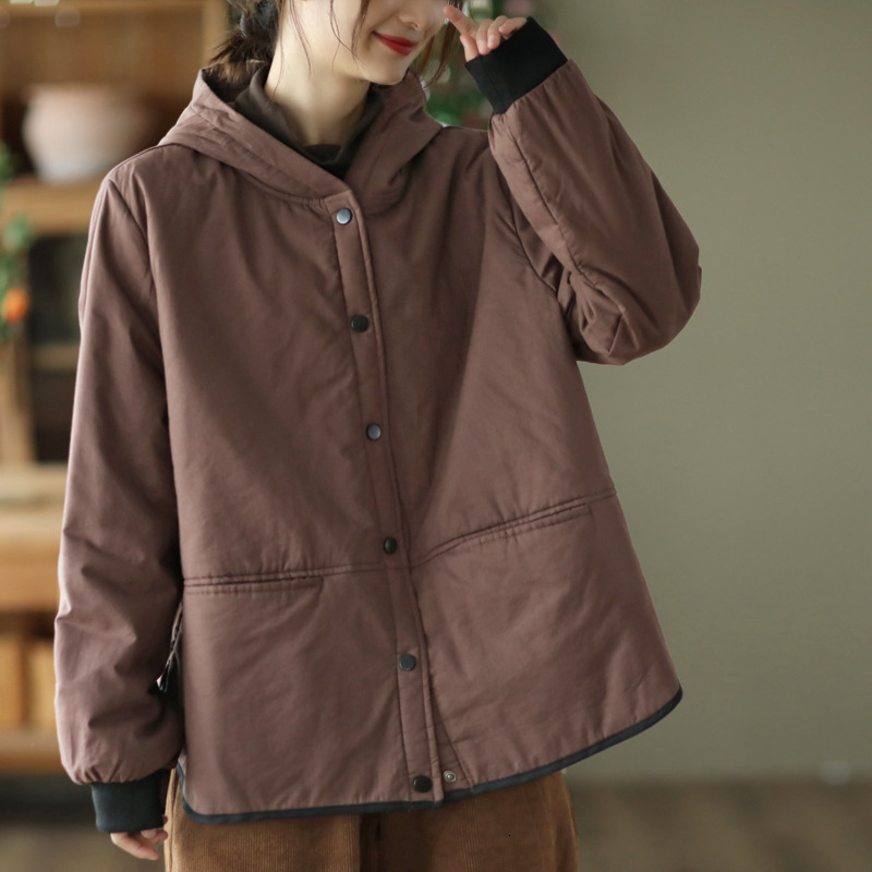 Women Autumn Winter Vintage Quilted Hooded Cotton Coat Thickened Warm Versatile Casual Outerwear For Adult Women Daily Street And Outdoor Outfit