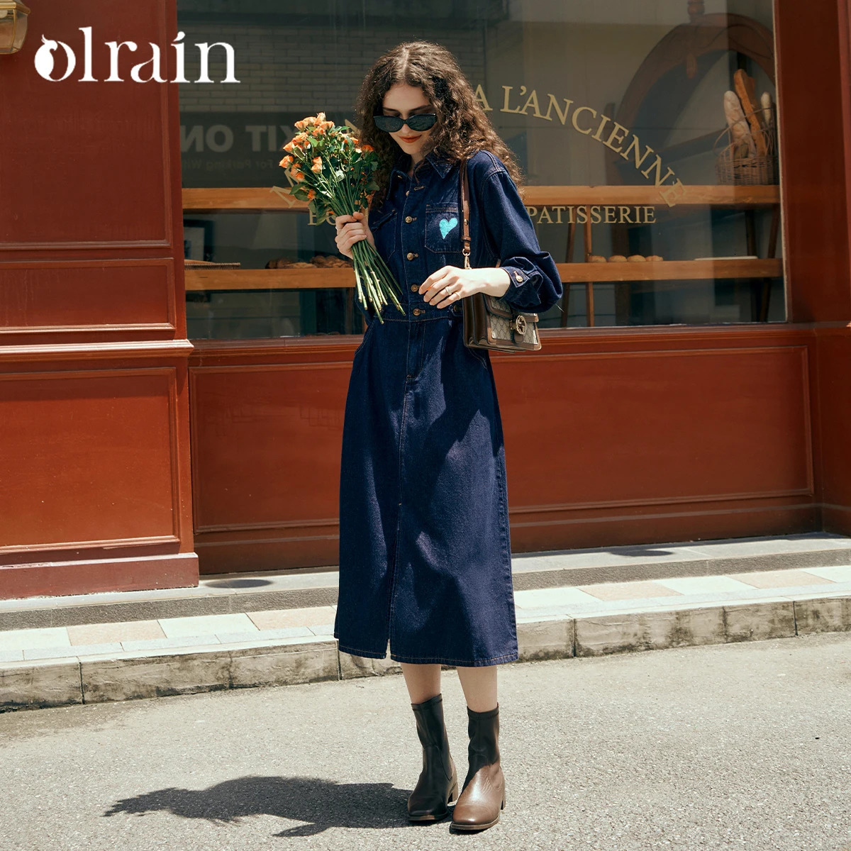 OLrain Women's French Blue Denim Long Dress Early Spring 2026 Vintage Embroidered Lapel Shirt Dresses Female O23QL85502 261015