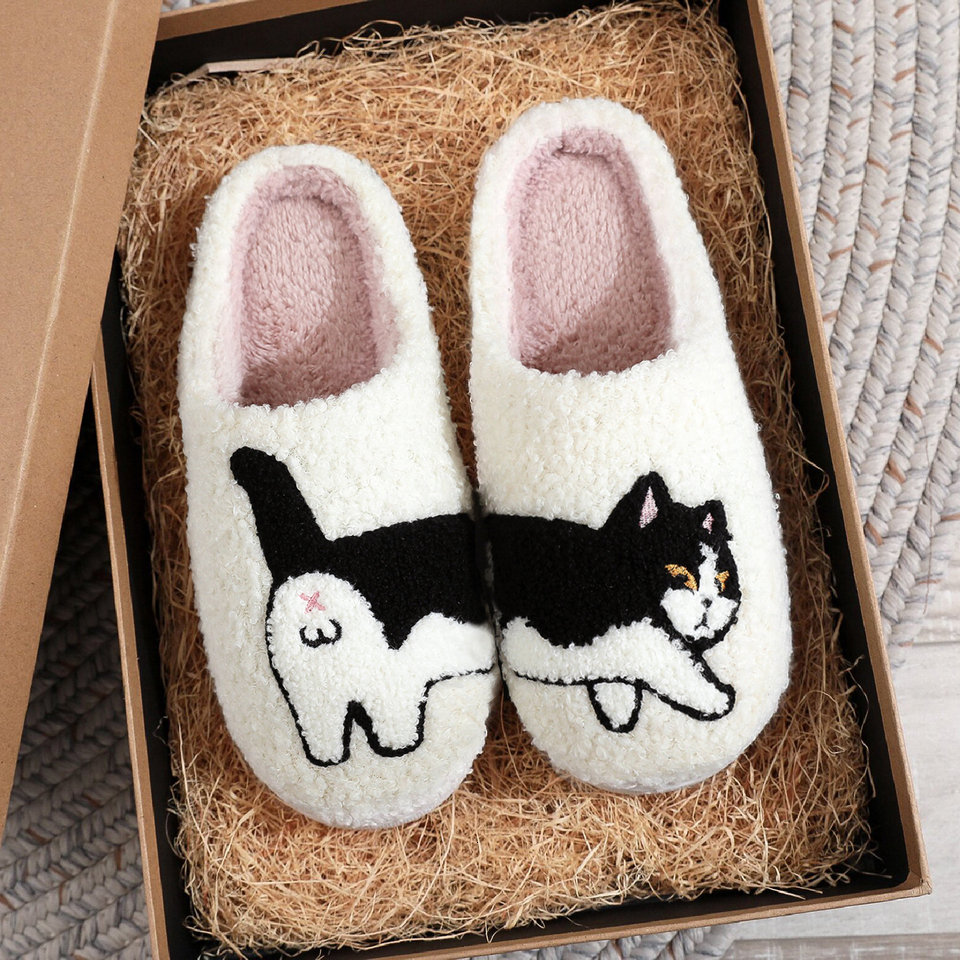Cow pattern embroidery plush home thick bottom comfortable wool cotton cute warm anti slip indoor slippers pet cat enthusiasts men and women can wea