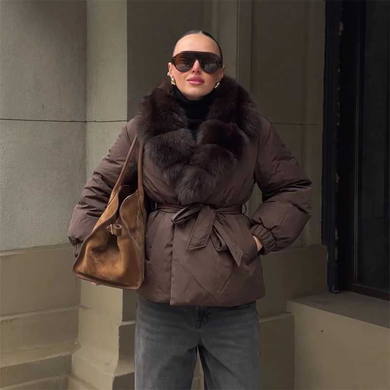 Women's Down Parkas Women Faux Fur Trim Puffer Coat Gathered Sleeve Belted Waist Side Pocket Slim Fit Winter 2026 Lady Elegant New Chic Outerwe