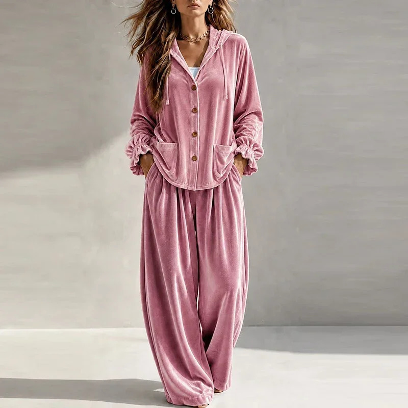 Autumn Winter Velvet Two Piece Set Women Fashion Long Sleeve Button Hoodies Sweatshirt Loose Wide Leg Pants Su 261016