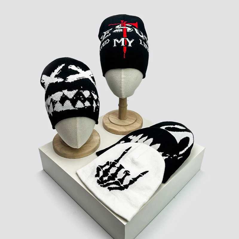 Beanie/Skull Caps Hip Hop Letter Funny Wool Knitted Hats Warm American Style Autumn and Winter New Beanies Versatile Street Fashion Personal Niche Q