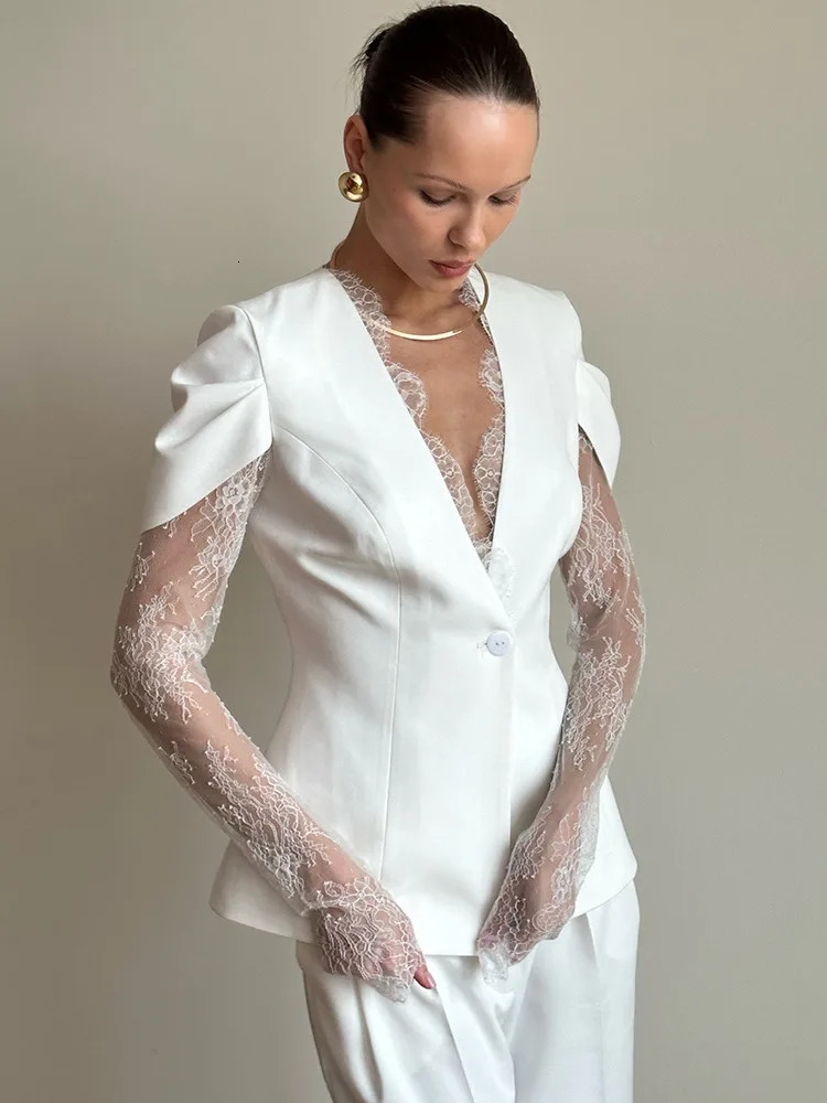 Mozision Lace Patchwork Sexy Blazer Jacket Women Elegant Deep V Neck See Through Long Sleeve One Button Club Blazers Coats 261016