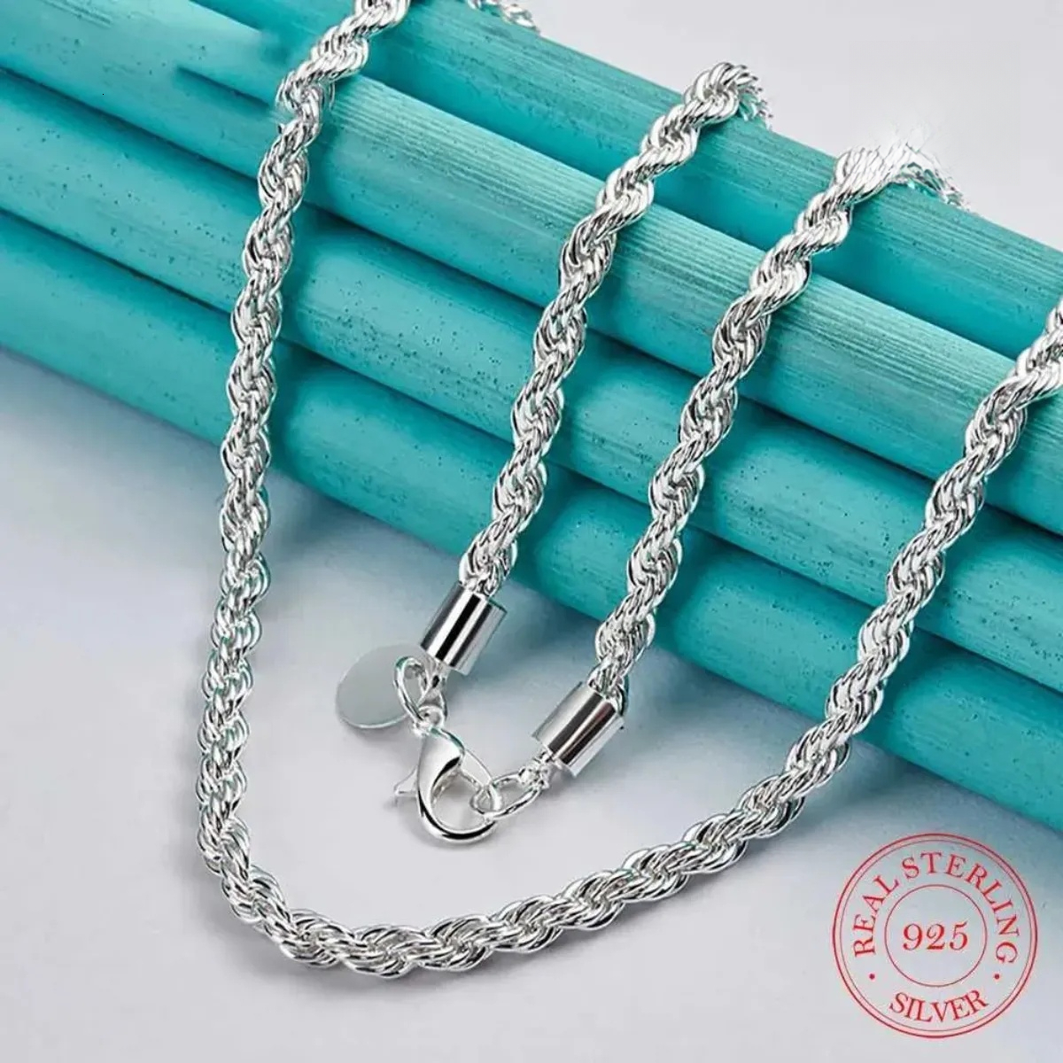 4MM Wide Real 100 Percent Sterling Rope Fashion Neutral Party Wedding Gift Pure Silver 925 Chain Necklace Mens Jewelry