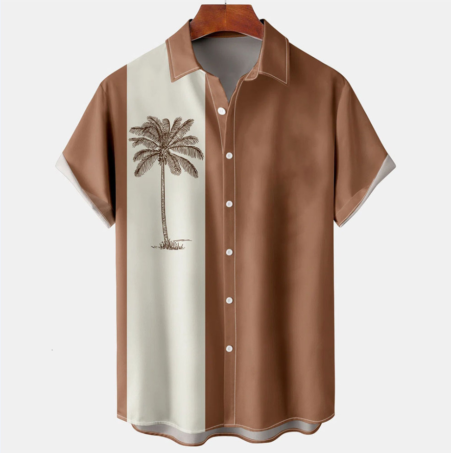 2026 26 Short-Sleeved Shirt, Coconut Tree Design, Plus Size, Summer Casual Wear, Chinese-Style Trendy Men's Top, Coconut-Themed Free Shipping