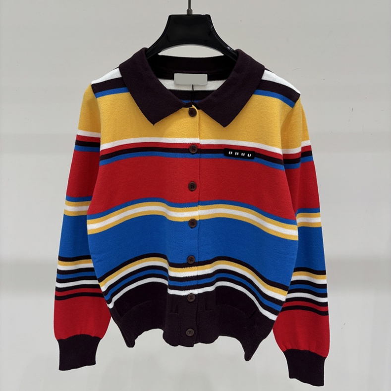 Dopamine Stripe Sweater Coat Women Knitted Lapel Patchwork Loose Fit Cardigan Autumn Contrast Color Stylish Travel Cardigans