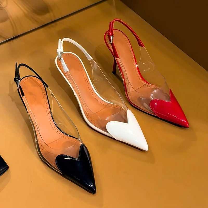 Sexy Black Patent Leather Heart Pointed Toe Women Pumps Clear PVC Slingback Stiletto High Heels Party Sandals Shoes Q261015