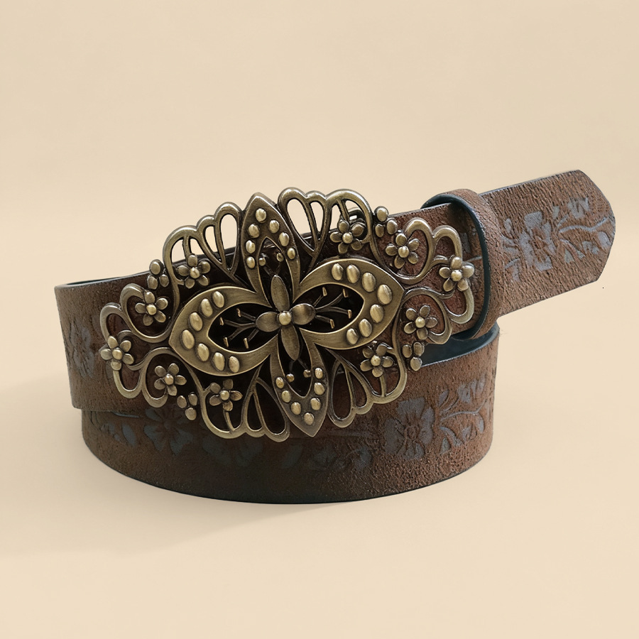 Designer Womens Vintage Floral Embossed Faux Leather Belt Antique Carved Metal Buckle Wide Waist Belt For Dresses Jeans Casual Daily Outfit Fashion