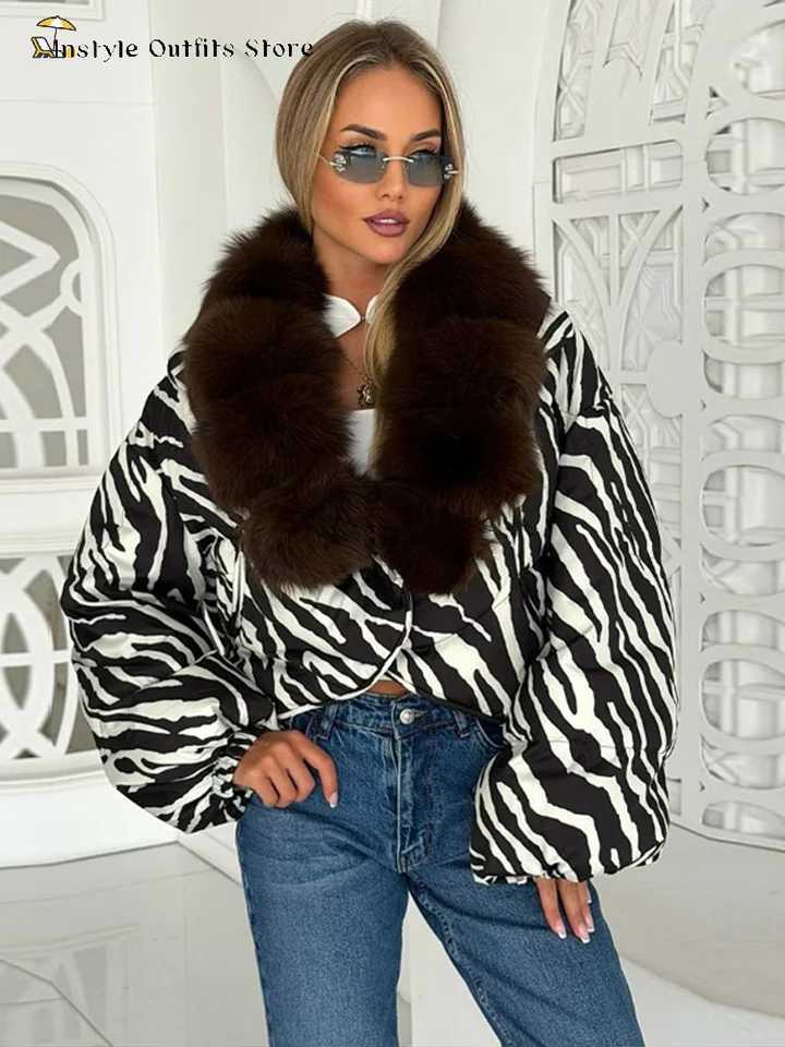 Women's Down Parkas Fashion Printed Fur Collar Padded Coats Women Full Sleeves Pockets Cropped Thicken Jackets 2026 New Ladies Winter Autumn Ou