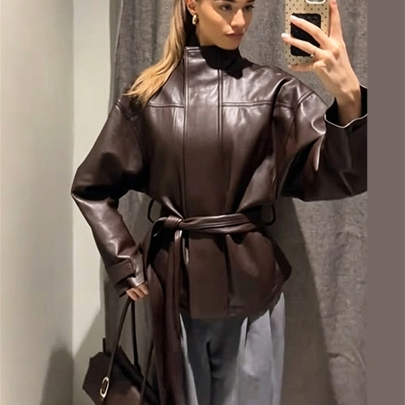 Fashion Solid Faux Leather Jackets Women's Full Sleeves Belted Jacket Autumn Lady Casual Streetwear 261016