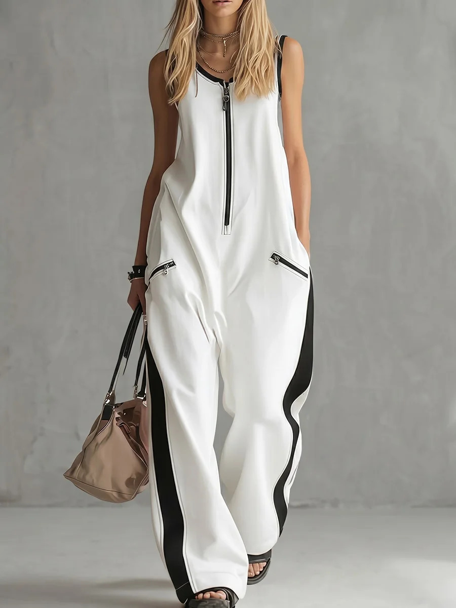 Bonboho Women's HalfZip Contrast Color Jumpsuit 2026 Summer Fashion White Sleeveless Wide Leg Casual Streetwear Outfit 261015