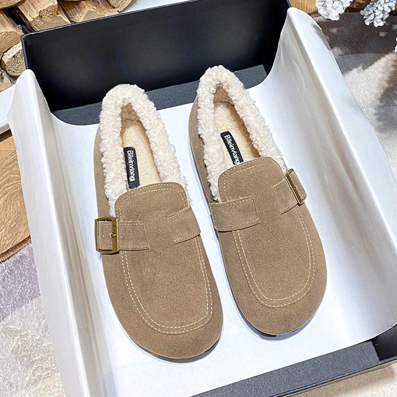 Casual Lambswool Loafers Women Flats Belt Strap Shoes Winter Furry Shoes Ladies Cotton Mocasines Warm Slip On Sheep Fur Boots 261017