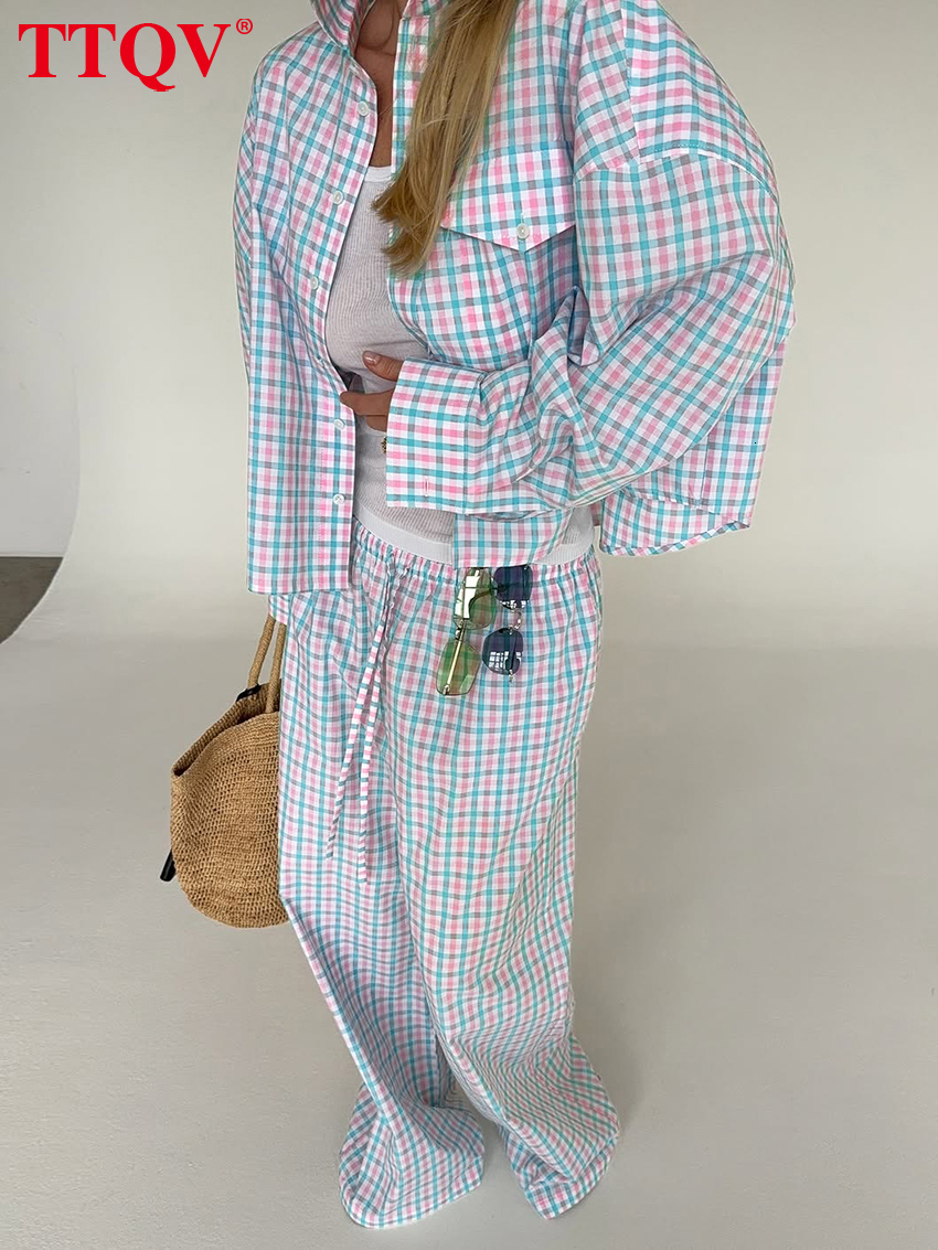 Fashion Loose Plaid Cotton Women's Two Pieces 2026 Elegant Long Sleeve Shirt With High Waist Wide Pants Set Female