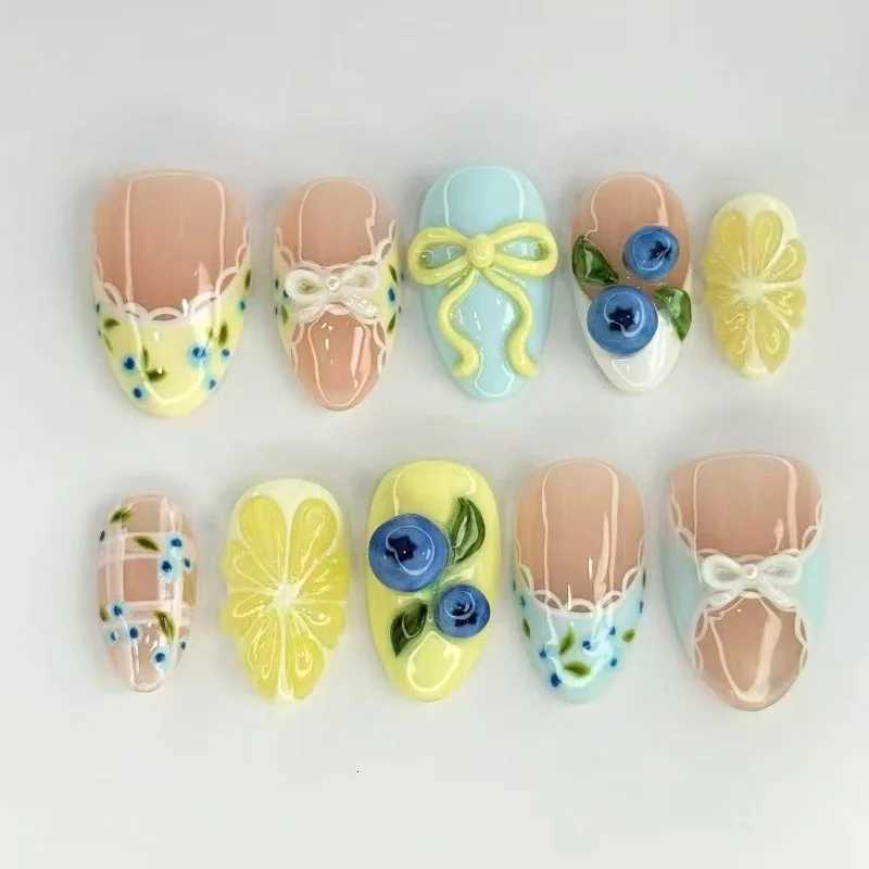 False Nails 24PCS Cute Ins Fruit Almond Stick on Nails Spring Summer Fresh Lace Patterns French False Nails Yellow Lemon Bowknot Fake Nails Q261017